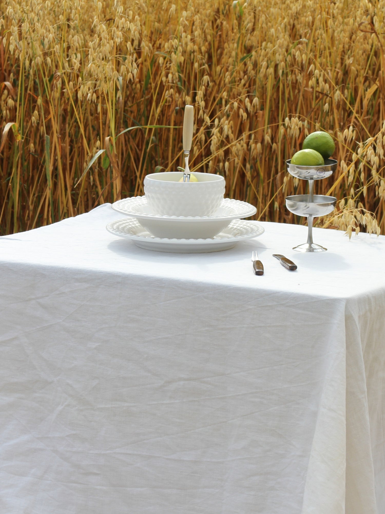 A white tablecloth-covered table set with a white bowl, plates, silver cutlery, and a small glass pedestal holding two green apples, placed outdoors in front of a golden wheat field.