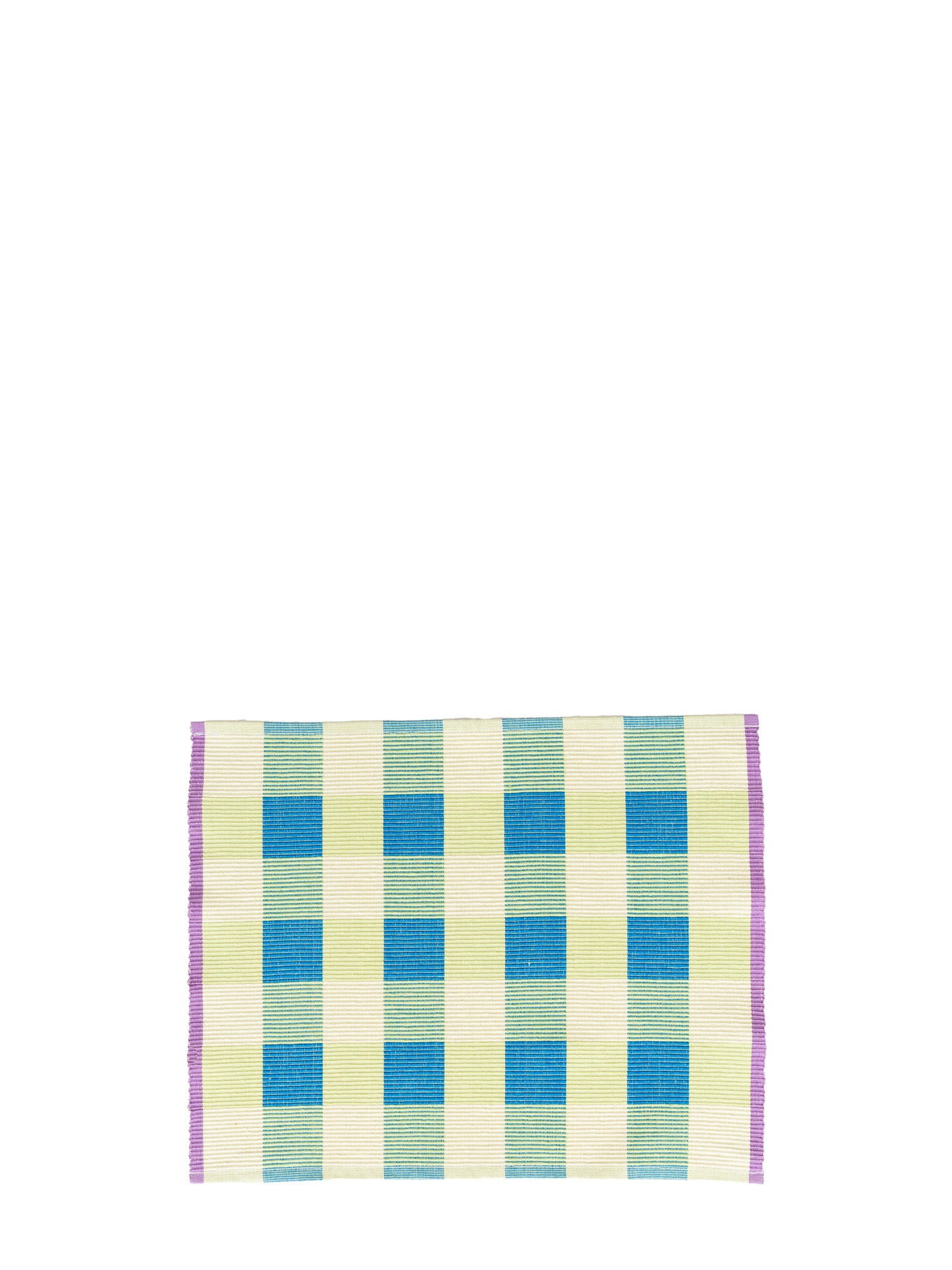 A square panama weave placemat with a checkered pattern in turquoise blue, light green, and cream, finished with a purple border, shown on a plain white background.