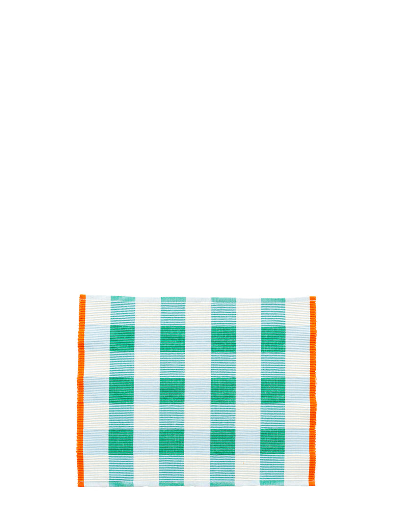 A rectangular woven placemat with a emerald green and light blue gingham check pattern and solid orange borders on the sides, shown on a plain white background.