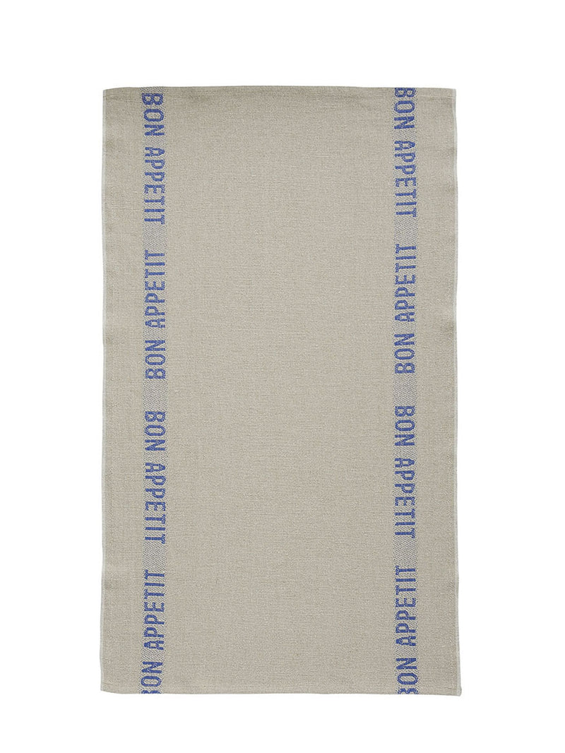 Linen kitchen towel with the blue text Bon Appetit