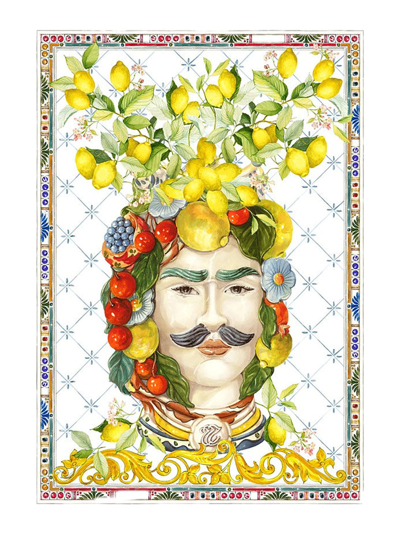Decorative and colourful linen towel with a young man's mustached face surrounded by fruits and flowers, with lemons growing up from the top of his head, ornamental tile pattern at his backround and decorative frame around.