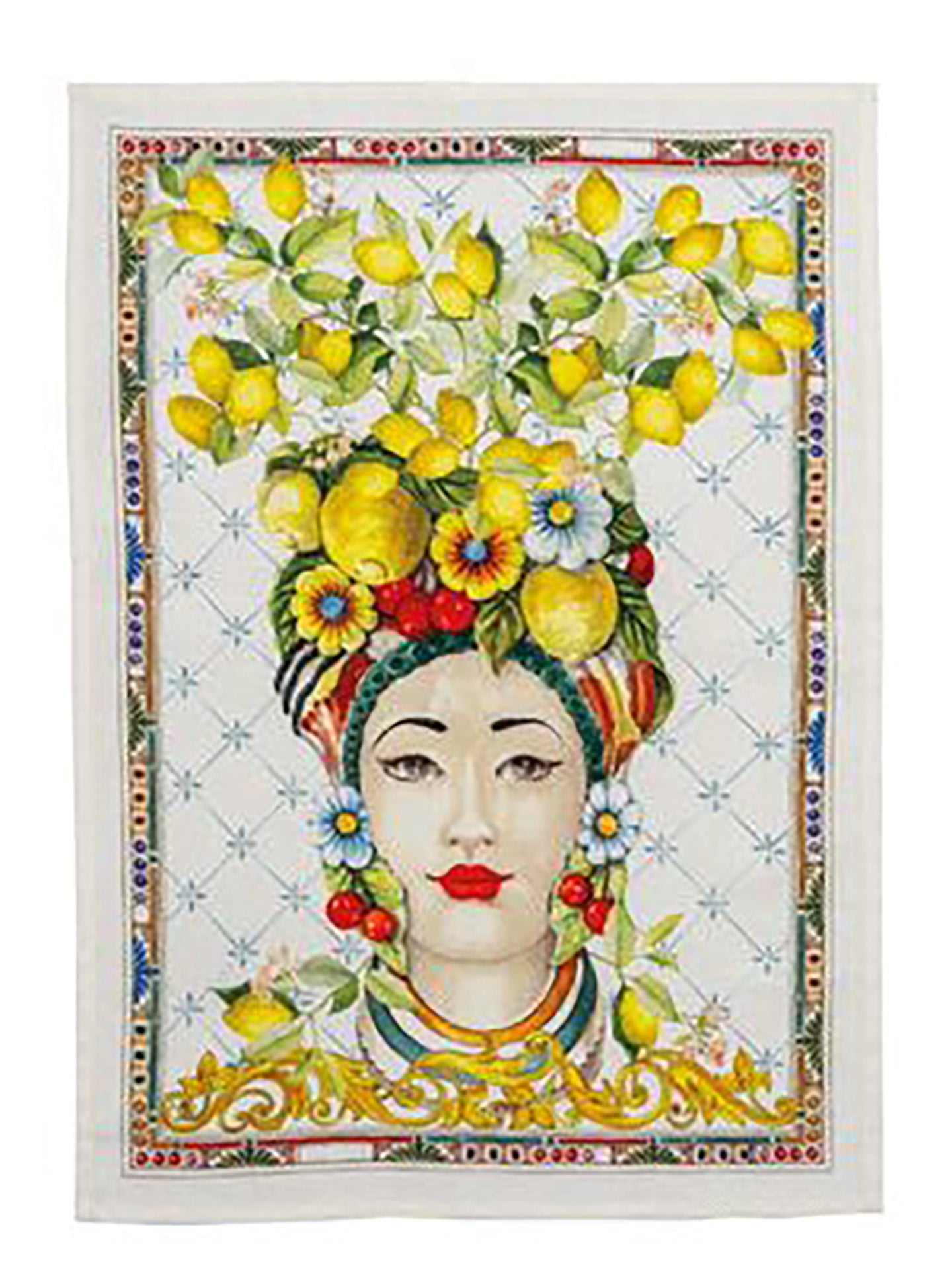 Kitchen towel featuring Moor's female head adorned with lemons and flowers