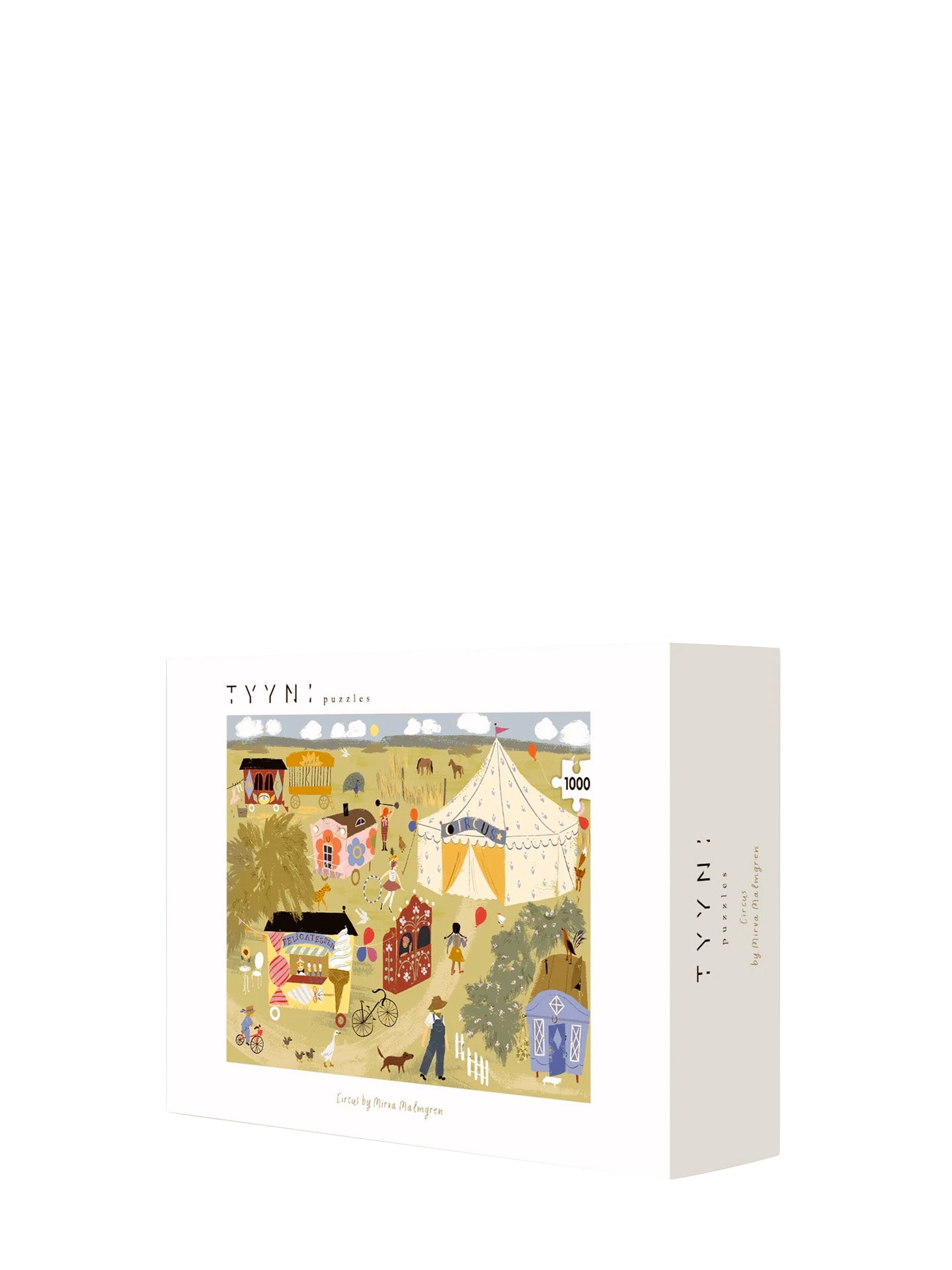 Tyyni circus themed jigsaw puzzle box with colorful design by Mirva Malmgren on a white background