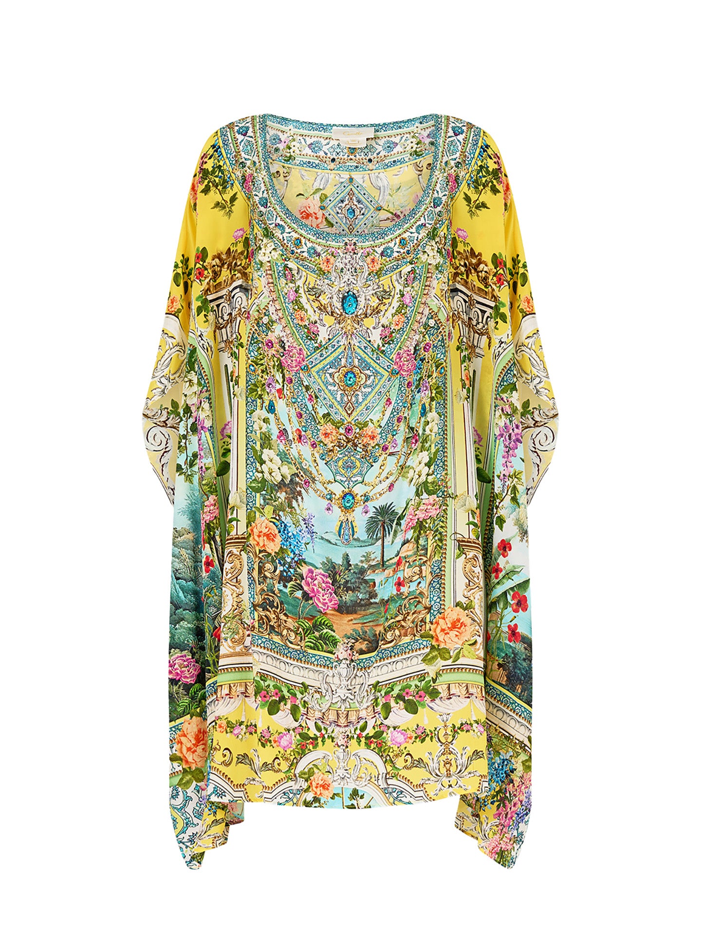 Short round neck kaftan, yellow print