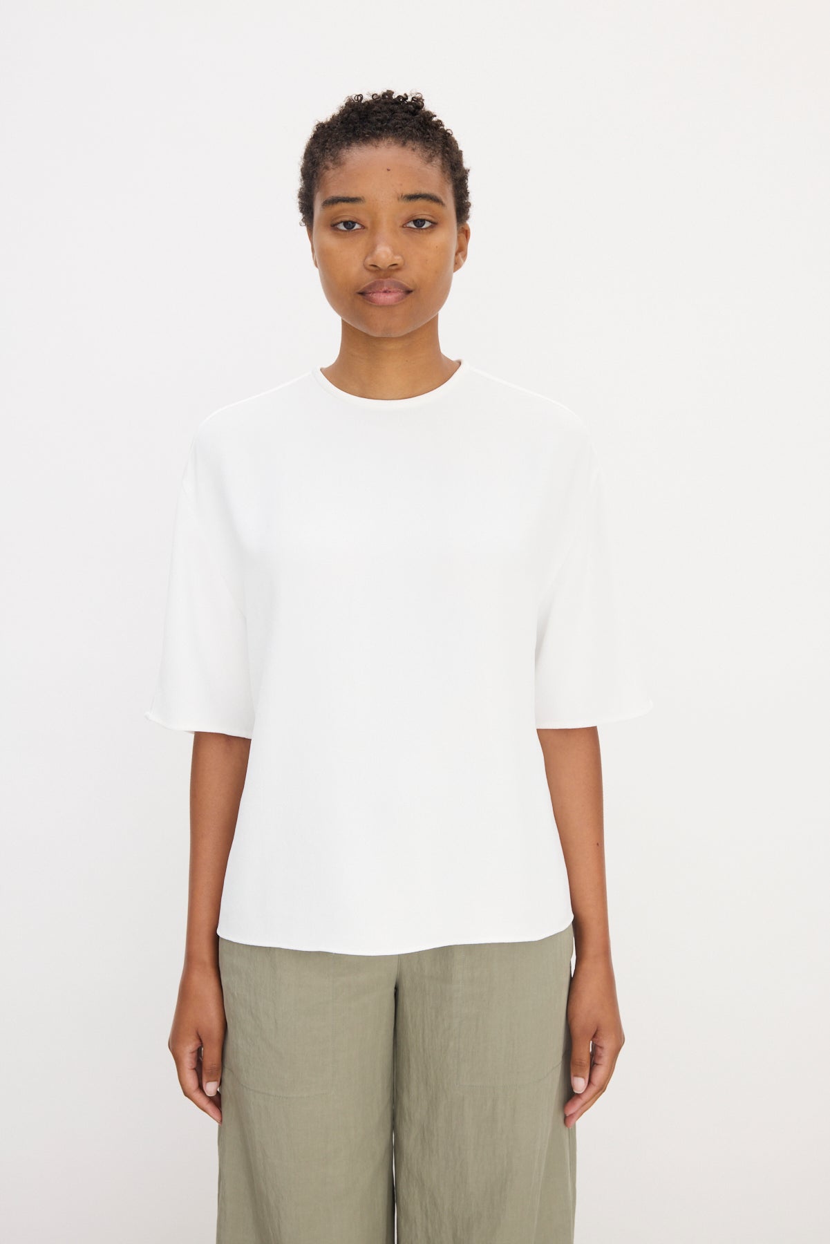 Dolman elbow sleeve crepe tee, off white