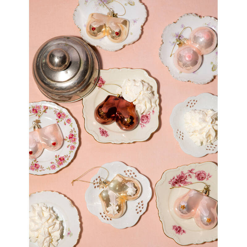 Pink boobs glass ornament with hearts