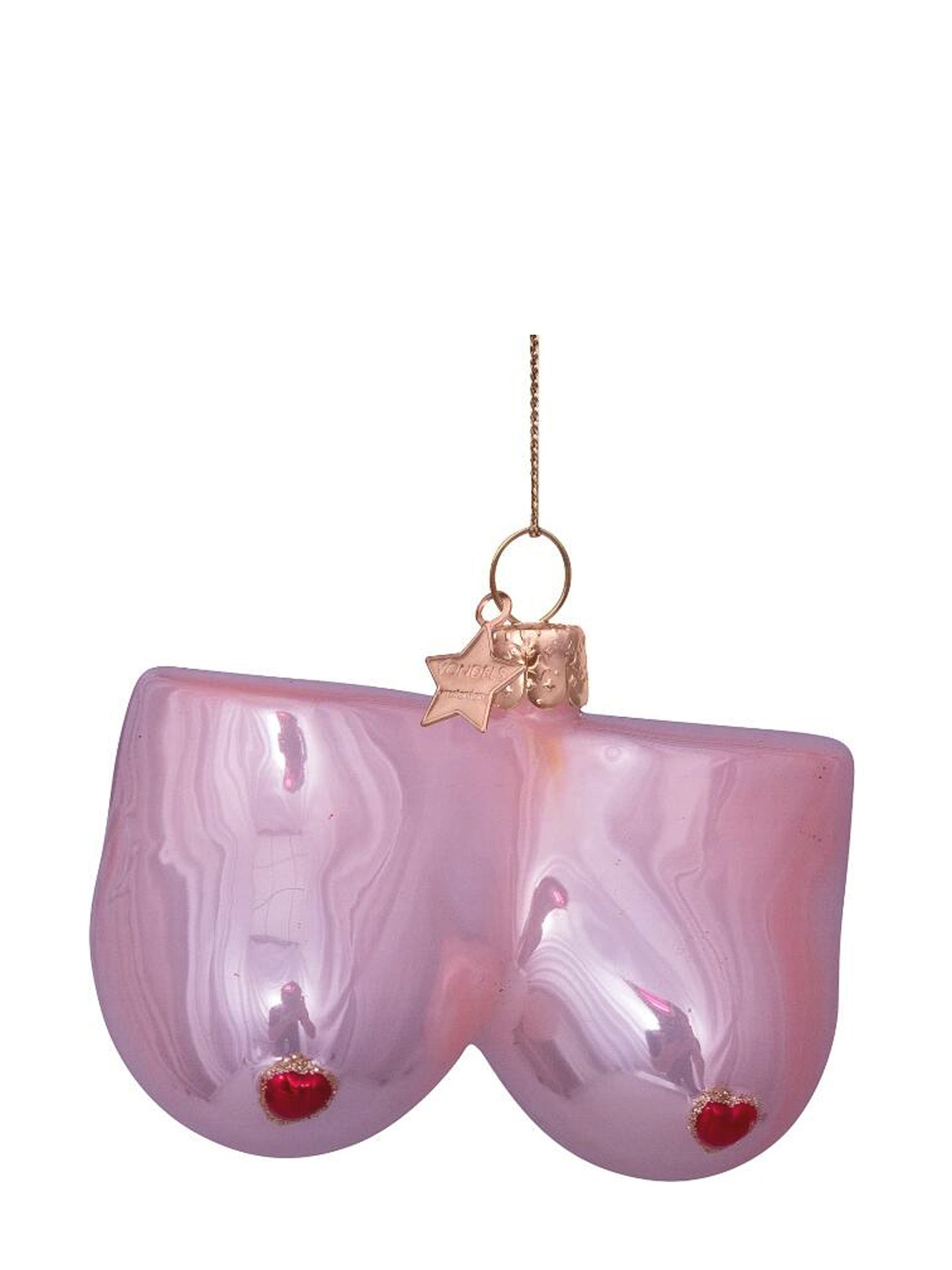Pink glass ornament shaped like a pair of shoes with red hearts on a white background