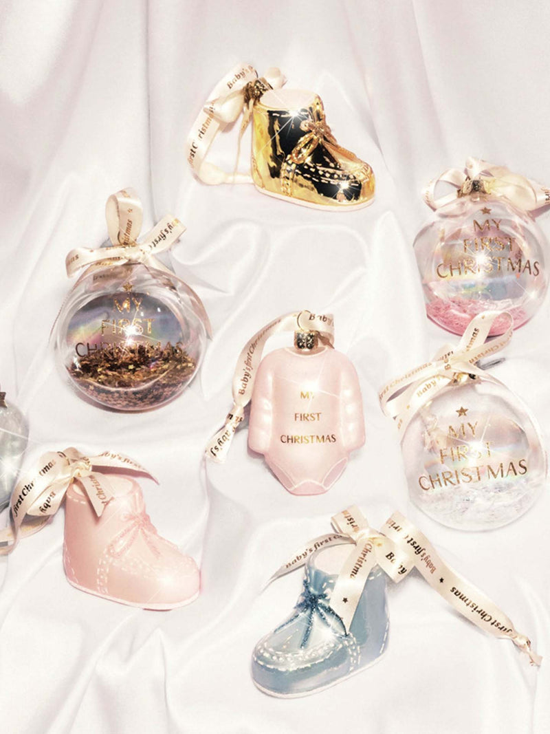 Gold baby's first Christmas shoe glass ornament