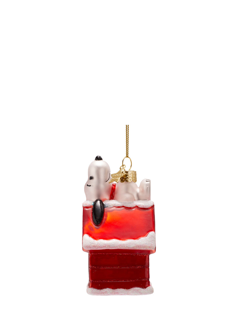 Snoopy laying on Peanuts doghouse glass ornament