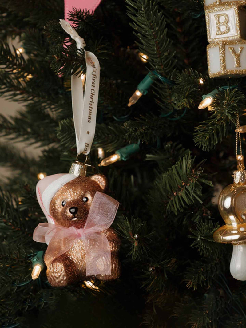 Baby's first Christmas bear glass ornament, pink