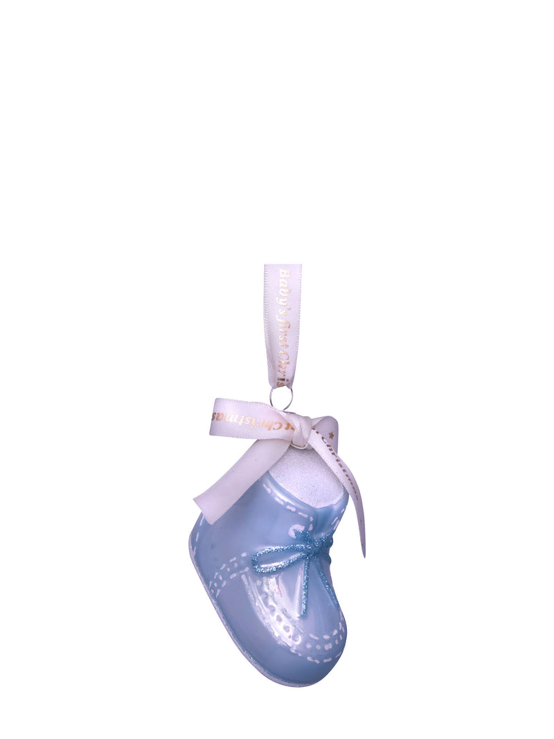 Blue baby's first Christmas shoe glass ornament