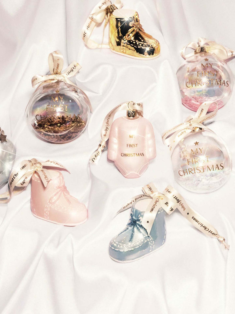 Blue baby's first Christmas shoe glass ornament