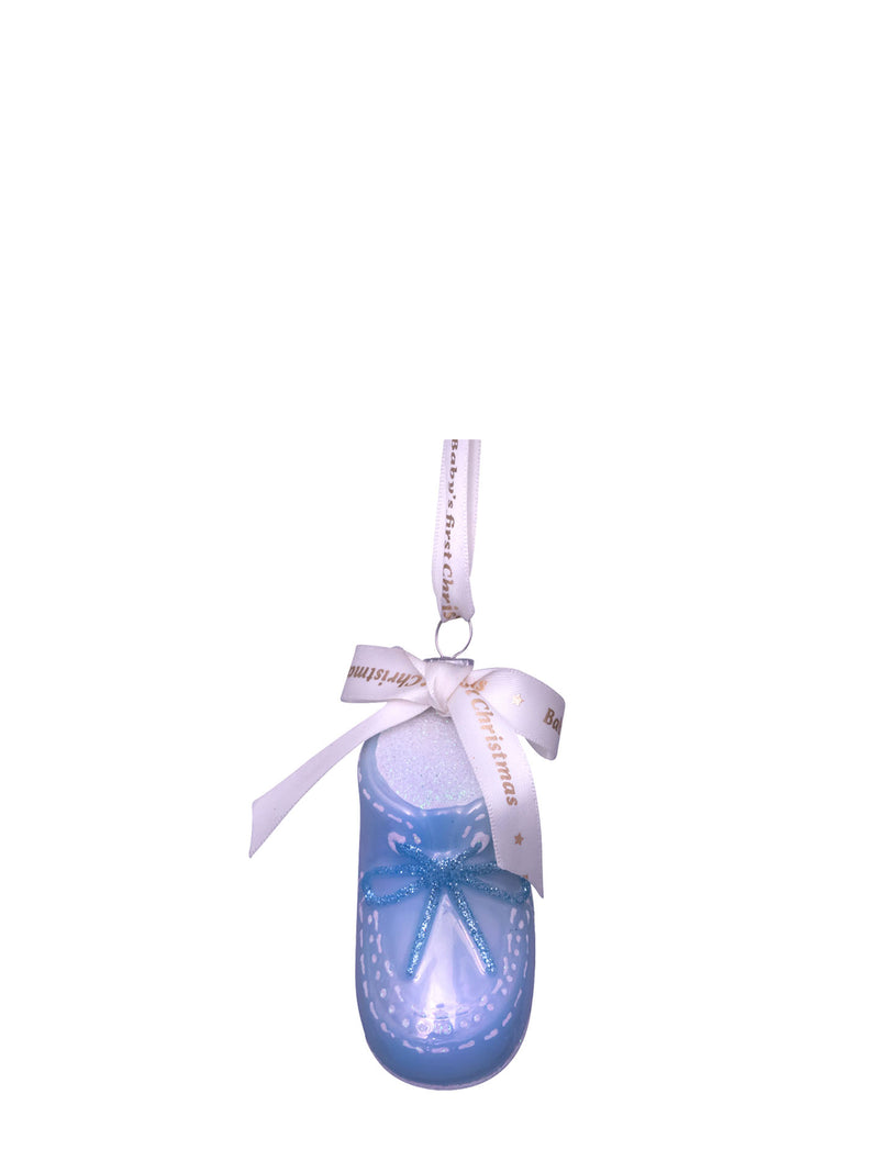 Blue baby's first Christmas shoe glass ornament