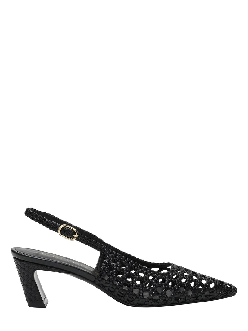 Black open-toe sandal with slingback design on a white background