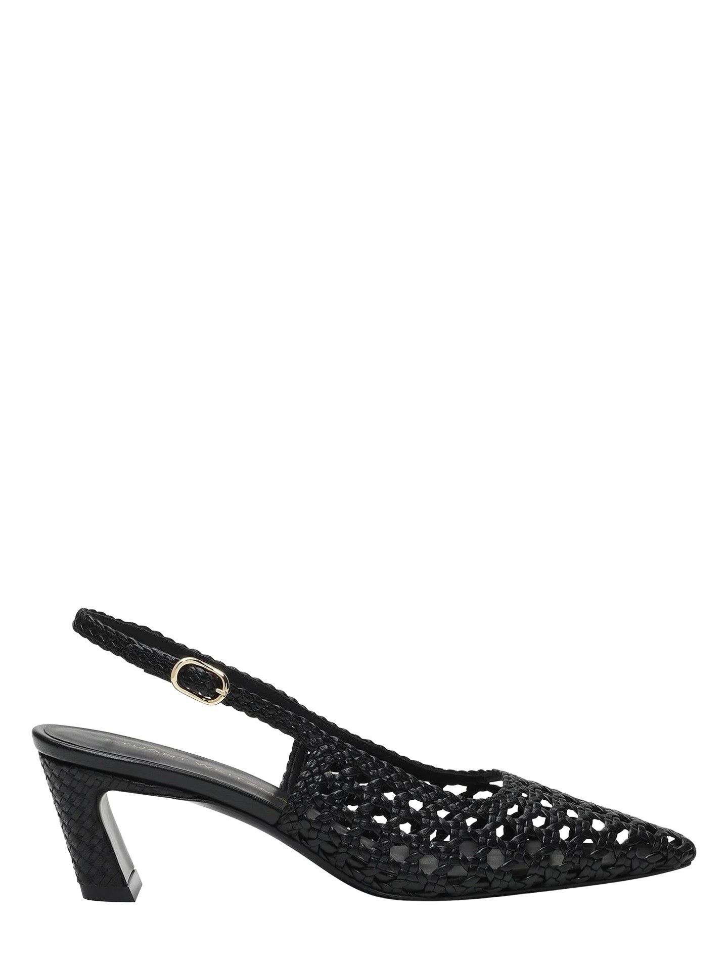 Black open-toe sandal with slingback design on a white background