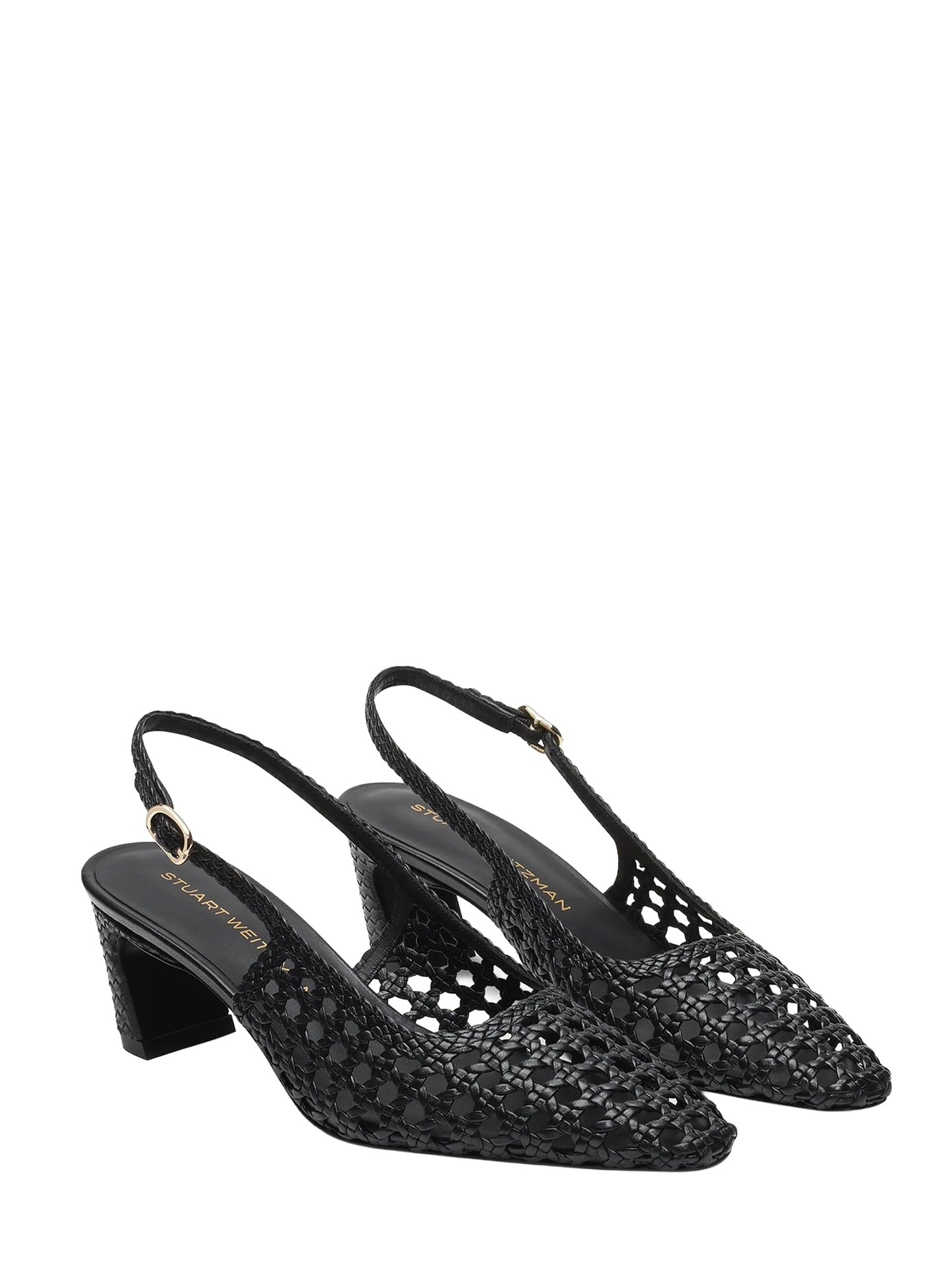 Black open-toe shoes with cut-out design on a white background