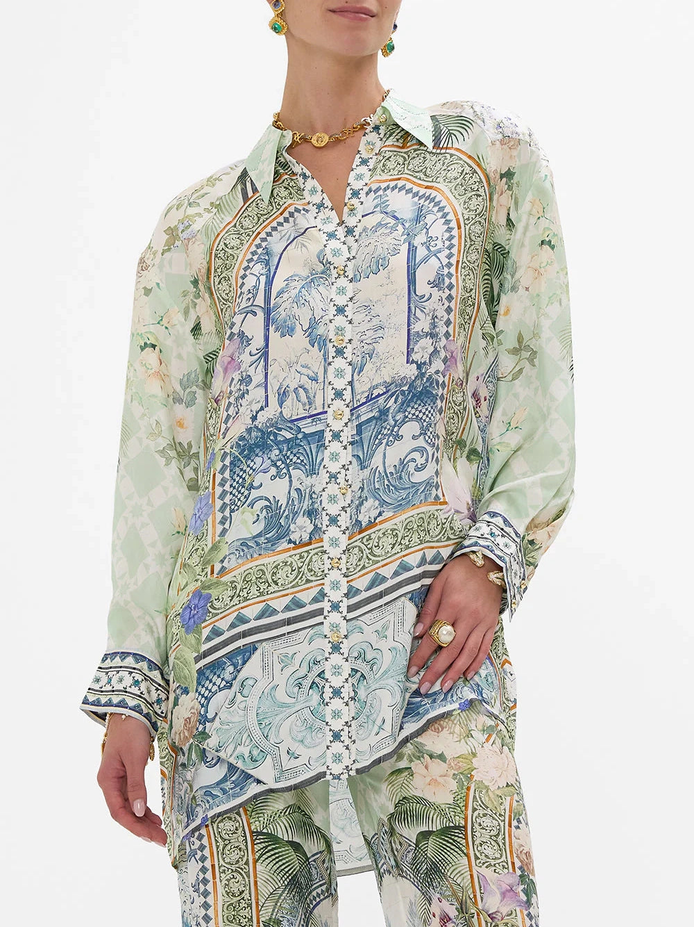 Long line shirt with yoke and button detail, jardim party