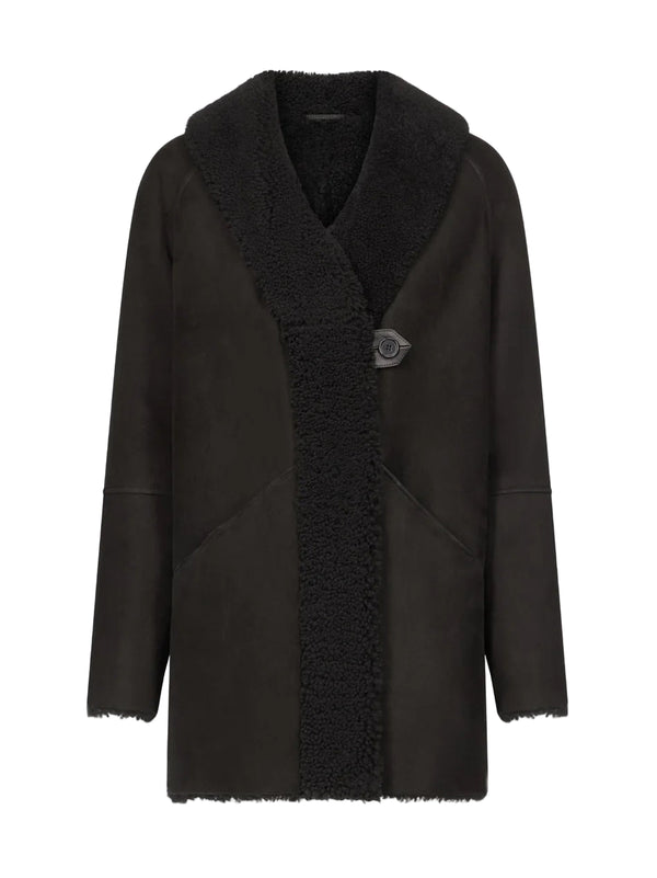 Black coat with shearling collar on a white background