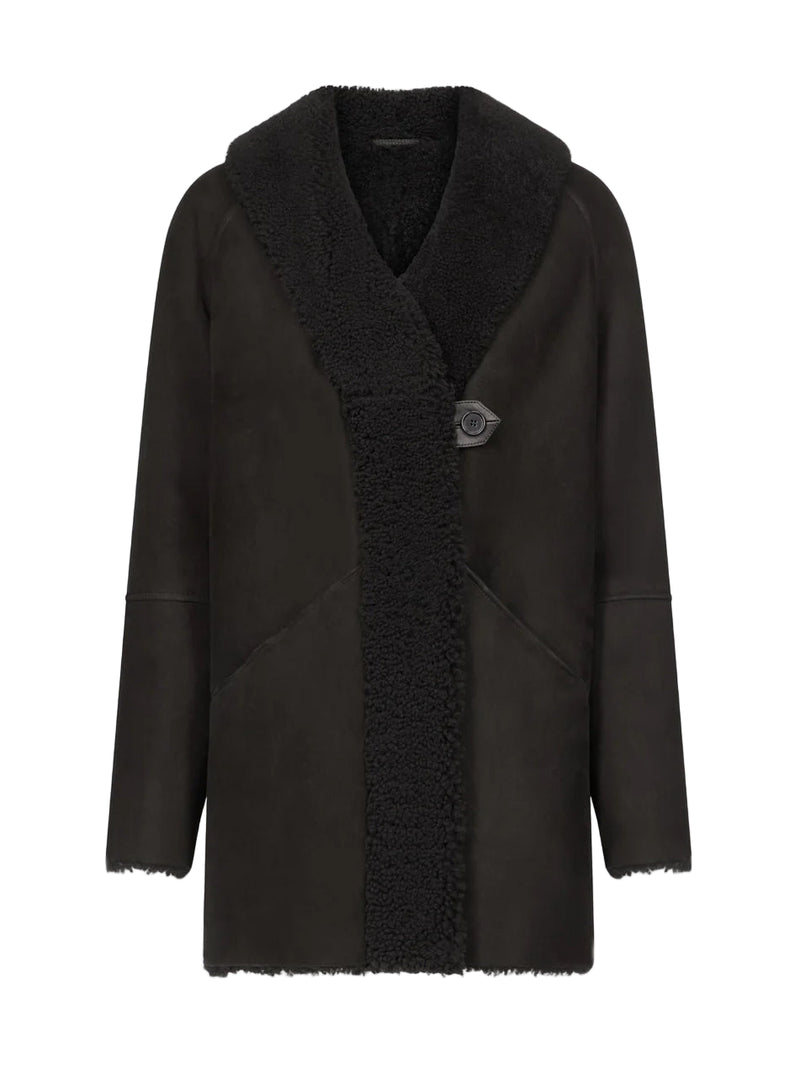 Black coat with shearling collar on a white background
