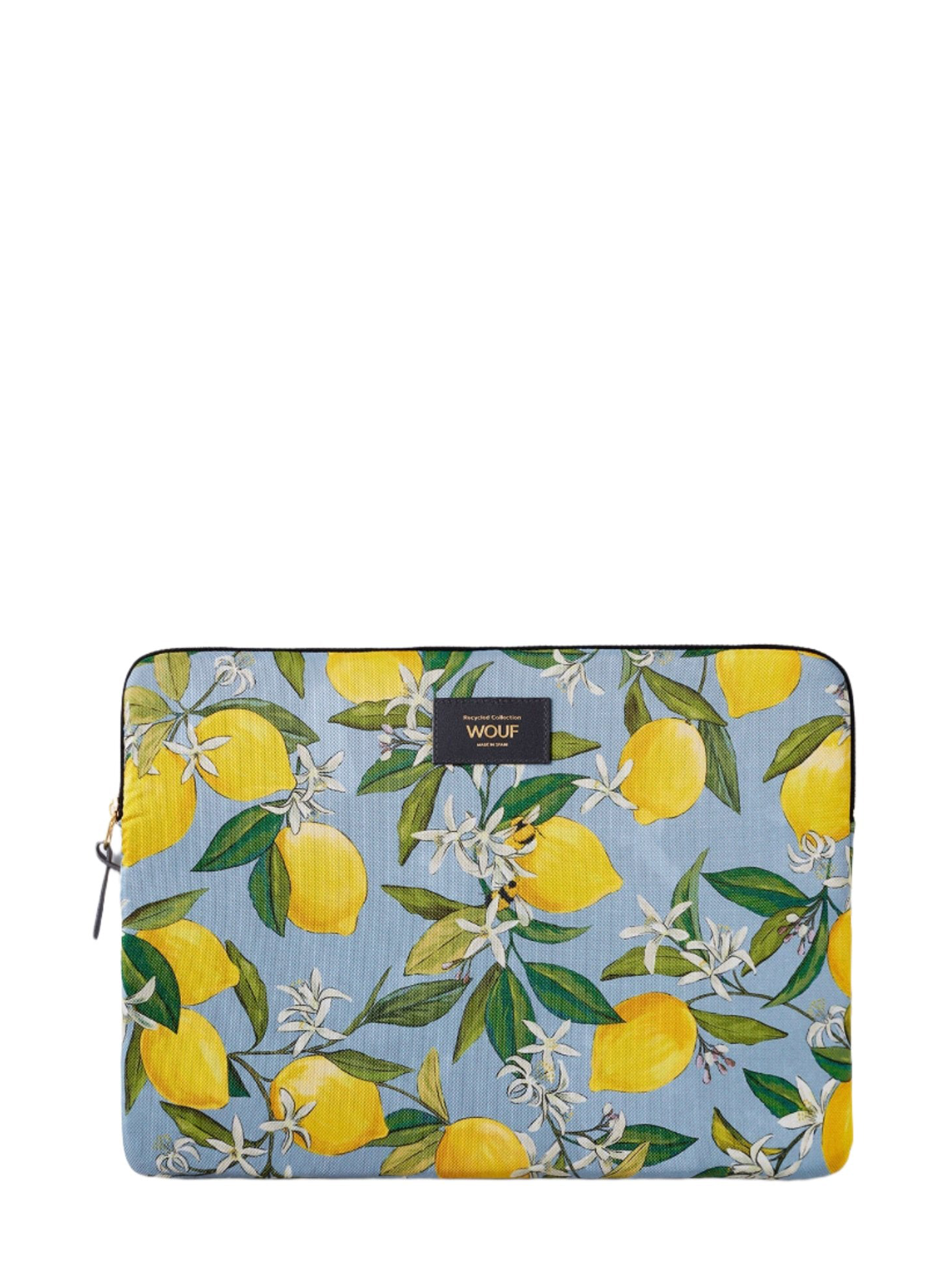 Wouf's laptop sleeve with a lemon print design, made from recycled fabrics, with a zipper closure.