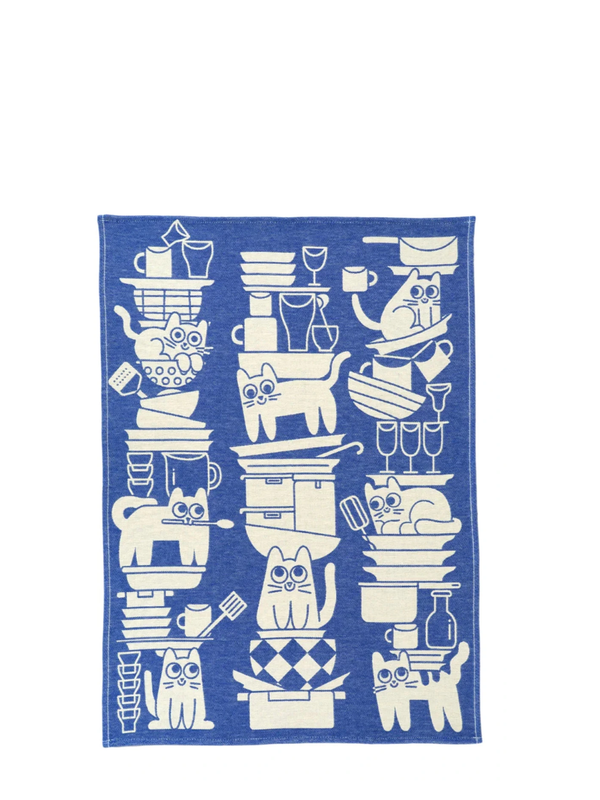 Blue towel with white cat and kitchen items pattern on a white background