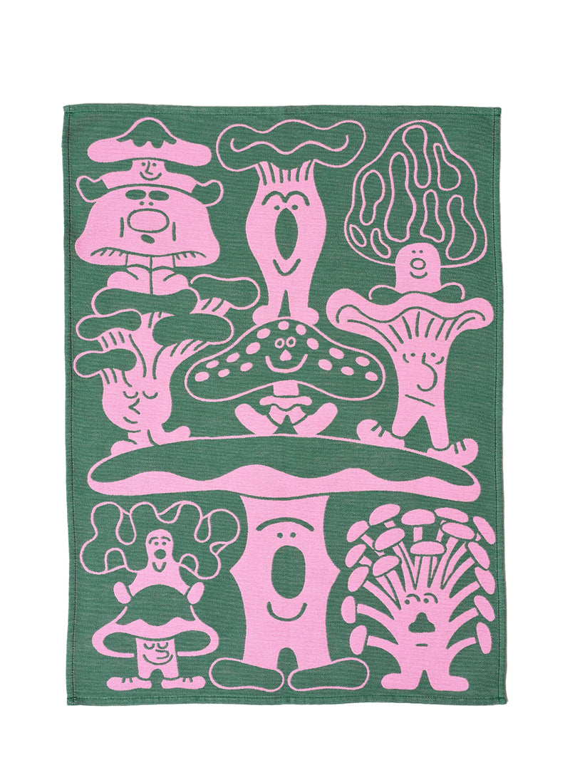 Mushrooms tea towel, pink and dark green
