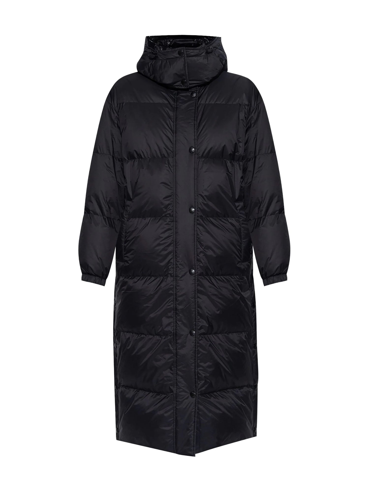 Reversible long mat/glossy down coat technical fabric, black