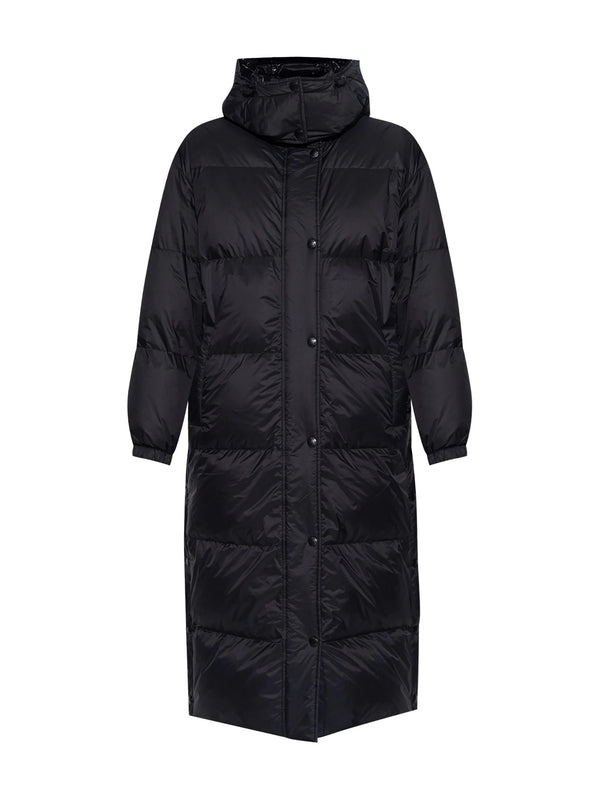 Reversible long mat/glossy down coat technical fabric, black
