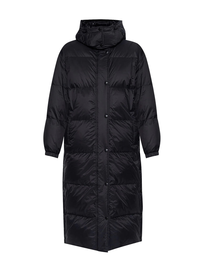 Reversible long mat/glossy down coat technical fabric, black