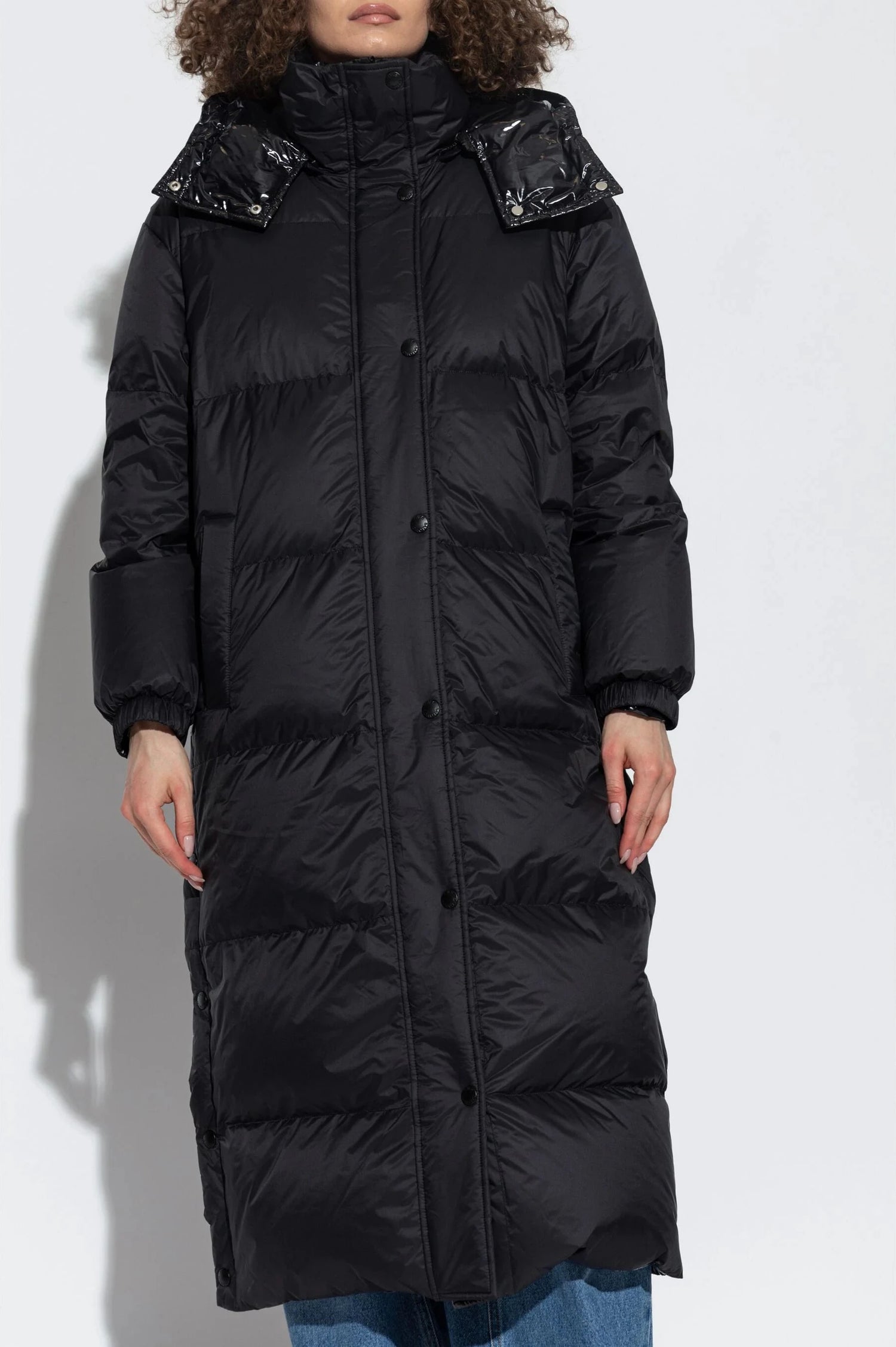 Reversible long mat/glossy down coat technical fabric, black