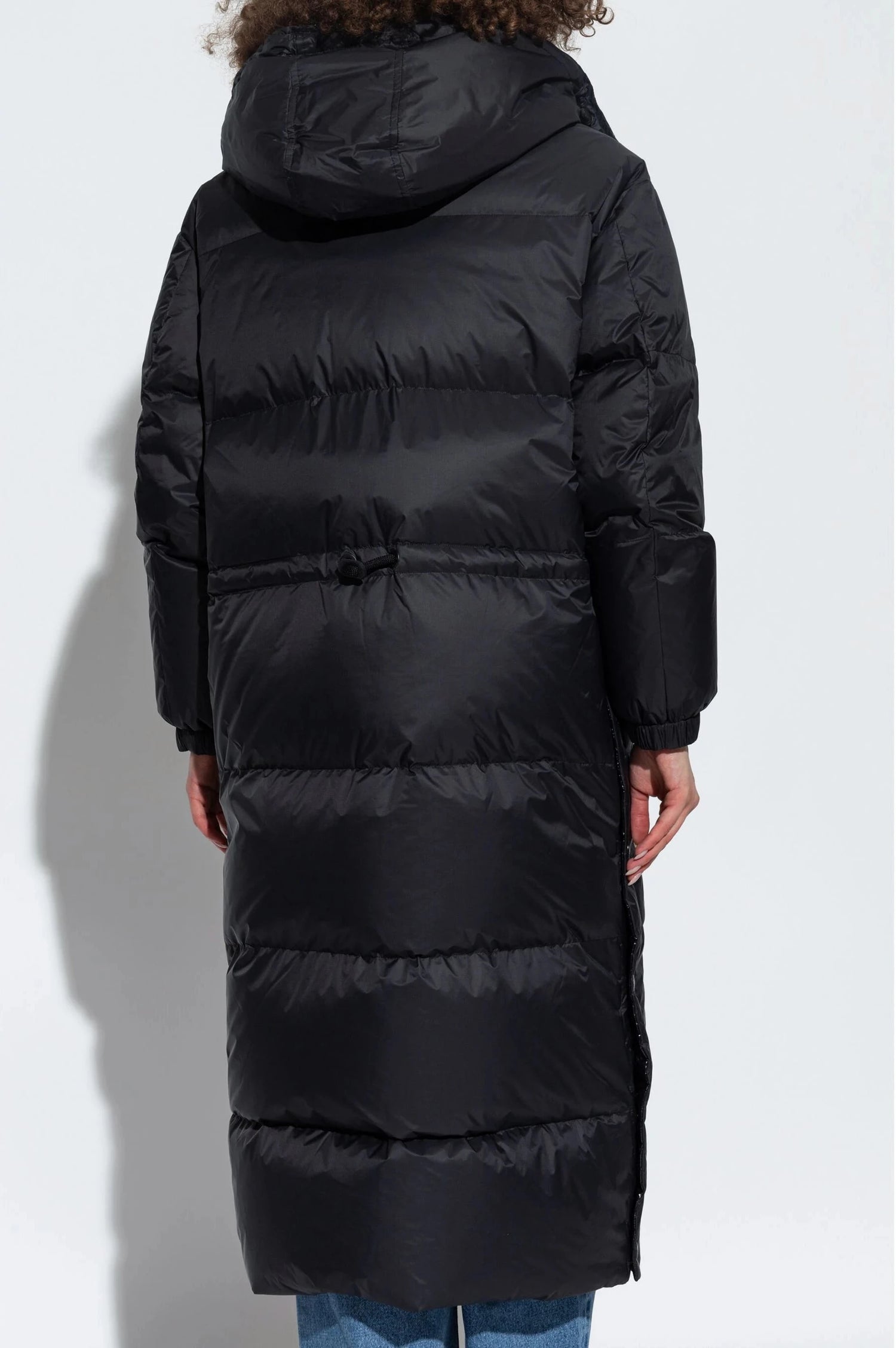 Reversible long mat/glossy down coat technical fabric, black