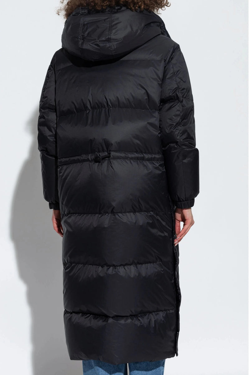 Reversible long mat/glossy down coat technical fabric, black