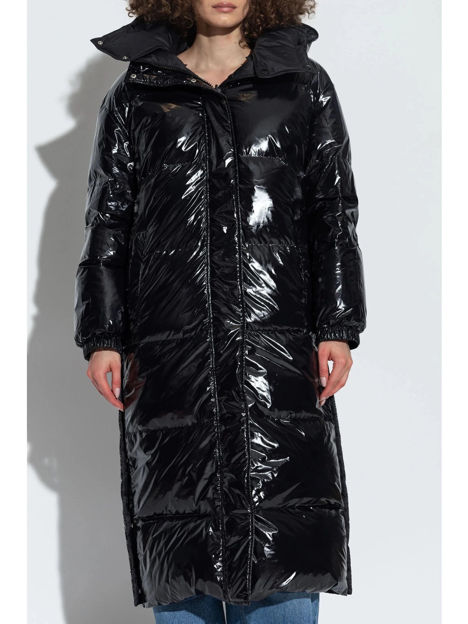Reversible long mat/glossy down coat technical fabric, black