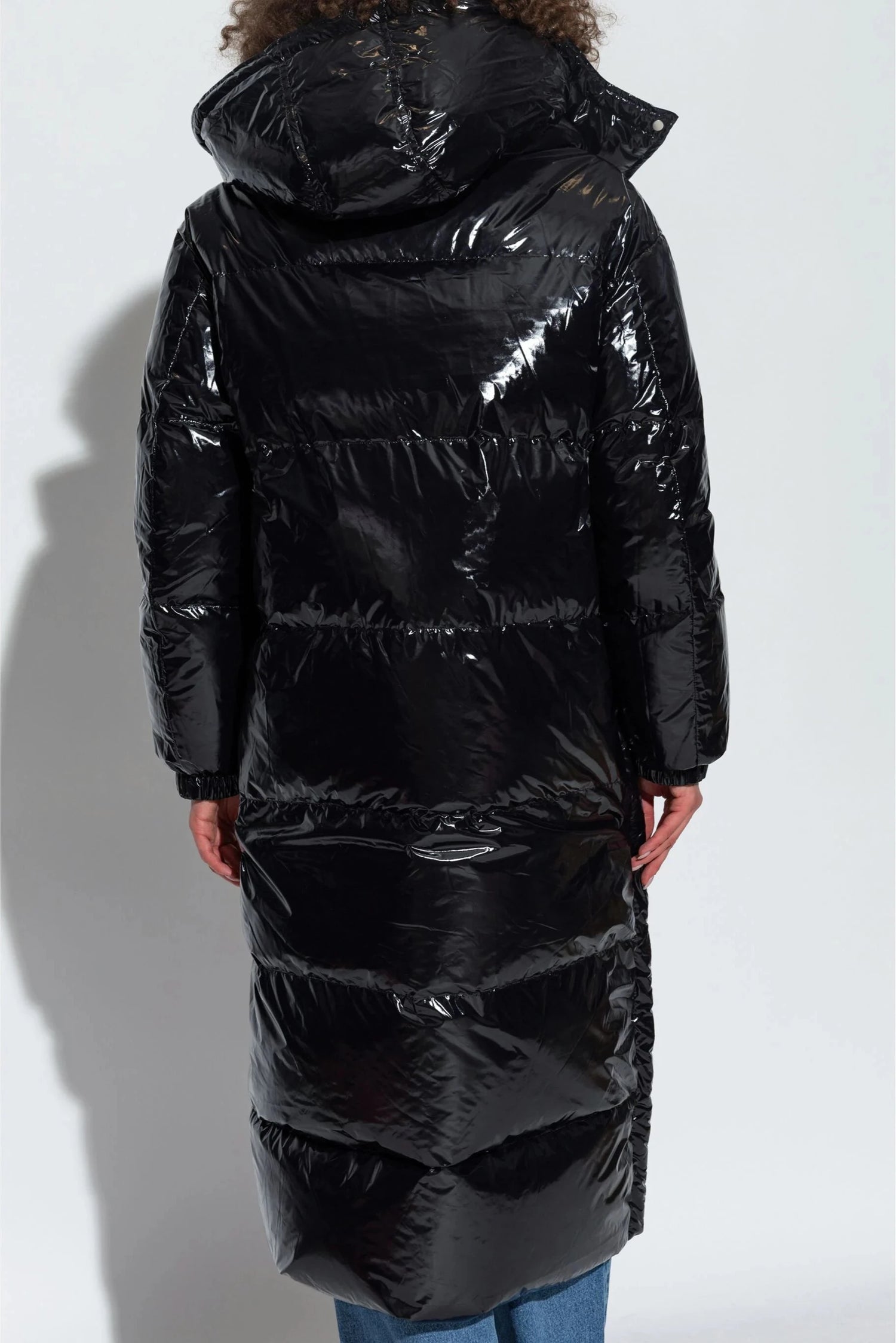 Reversible long mat/glossy down coat technical fabric, black