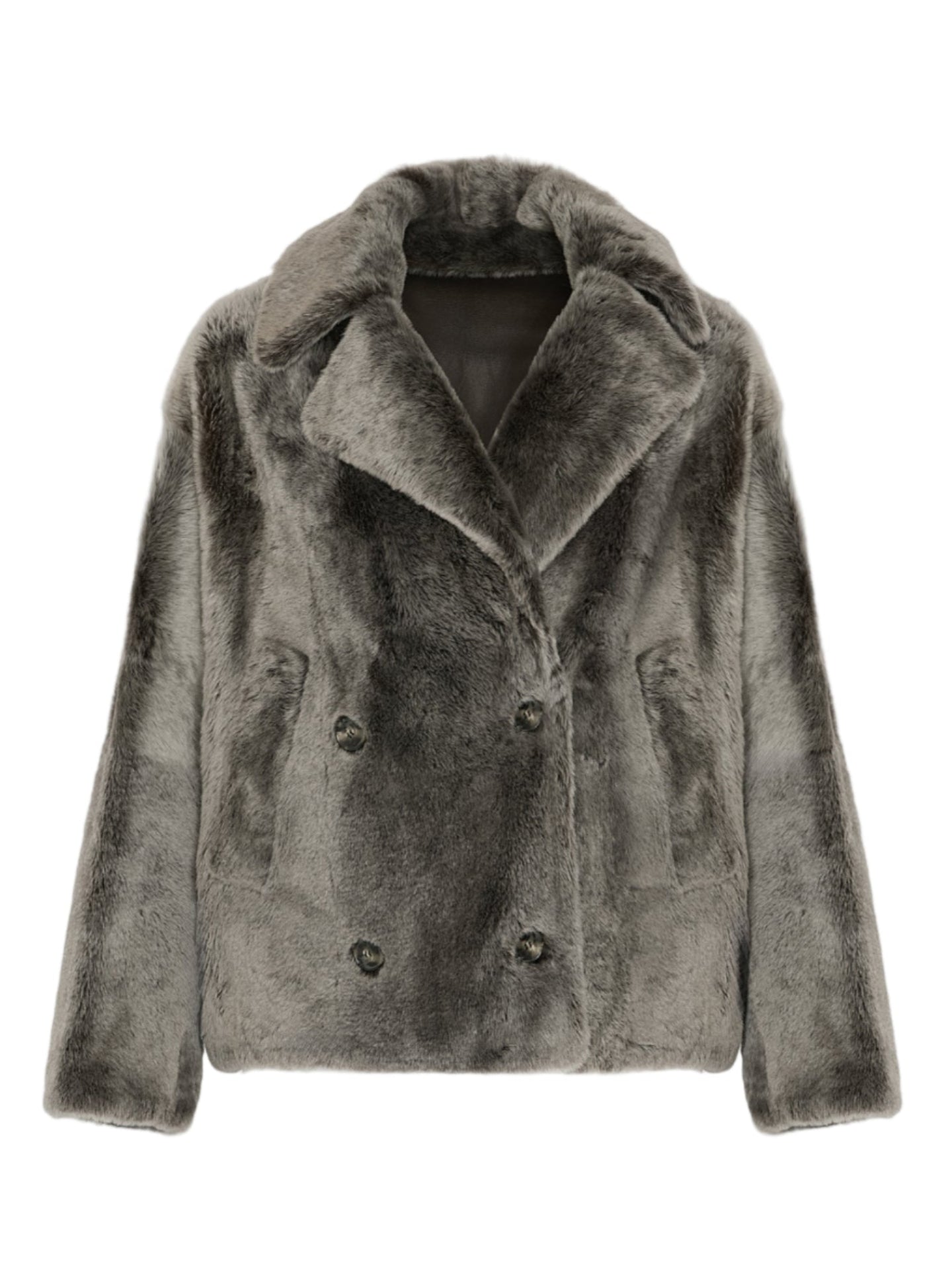 Grey shearling pea coat on a white background