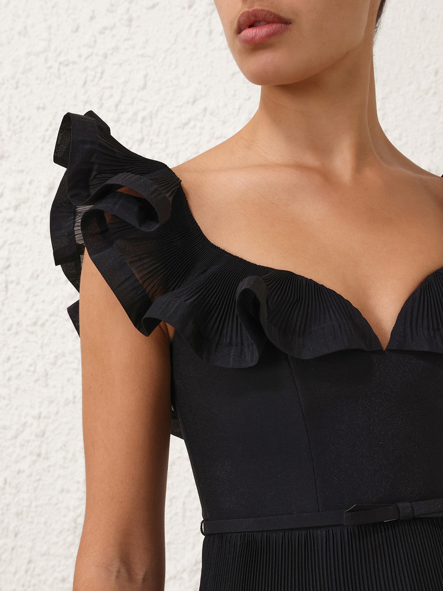 Pleated frill mini dress, black