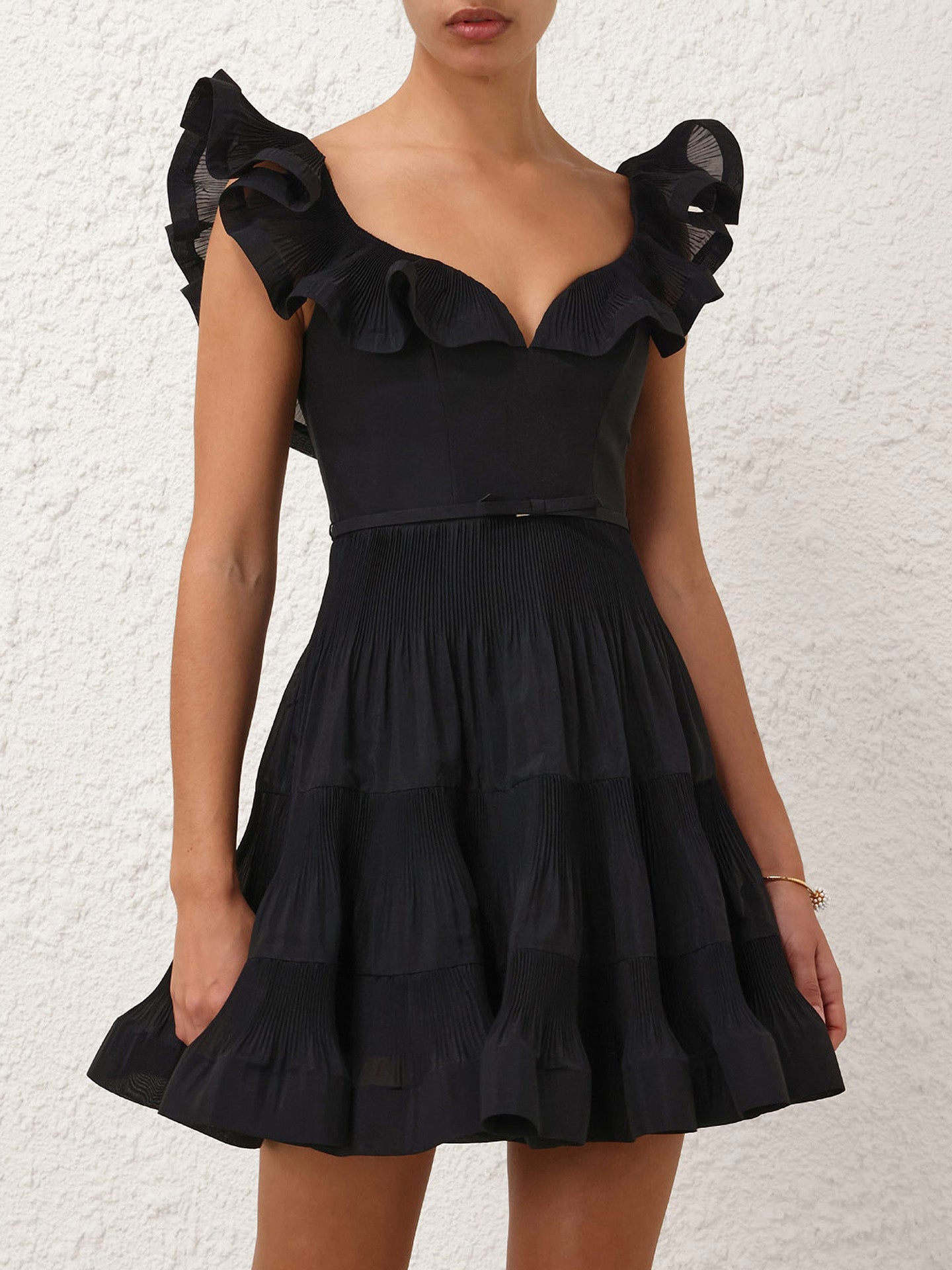 Pleated frill mini dress, black