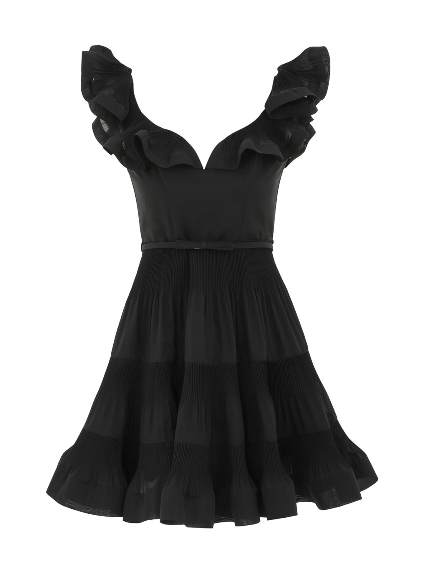 Pleated frill mini dress, black