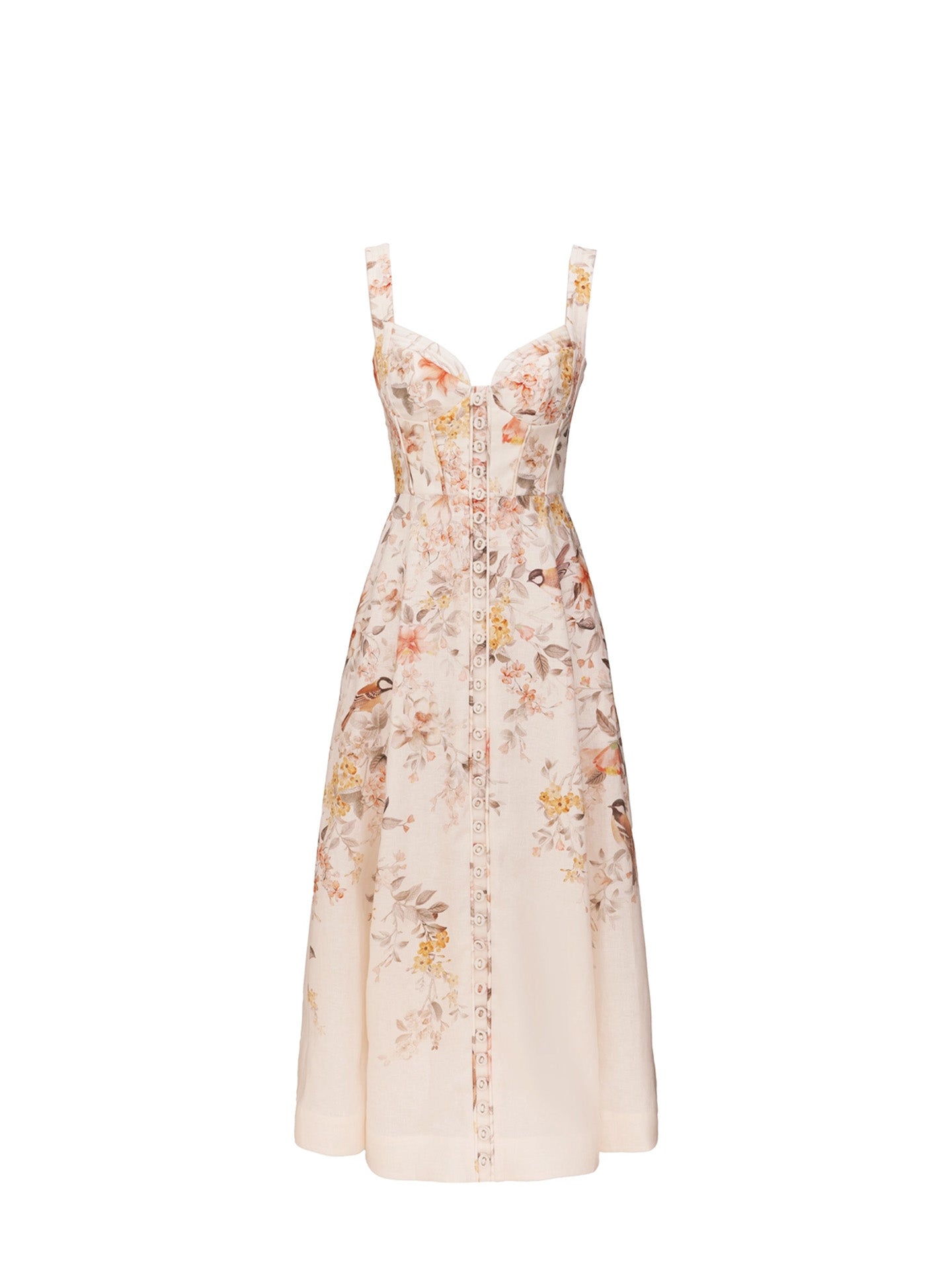 Luna buttoned picnic linen dress, cream-songbird multicolour