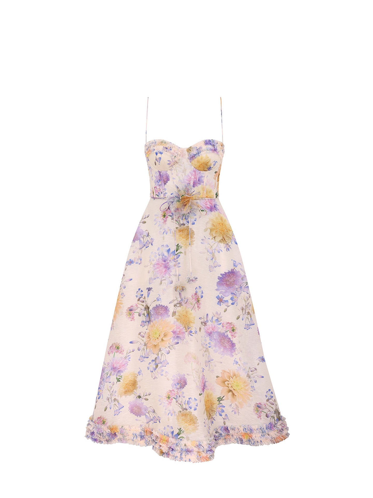 Zimmermann: Luna ruffle silk-linen strappy midi dress, cream-dahlia purple