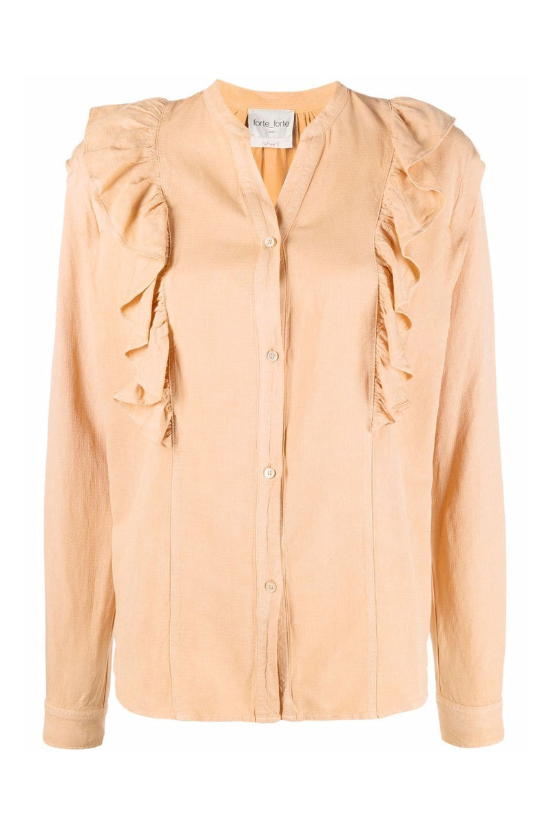 An apricot ruffled-detail V-neck blouse with long sleeves and front button fastening.