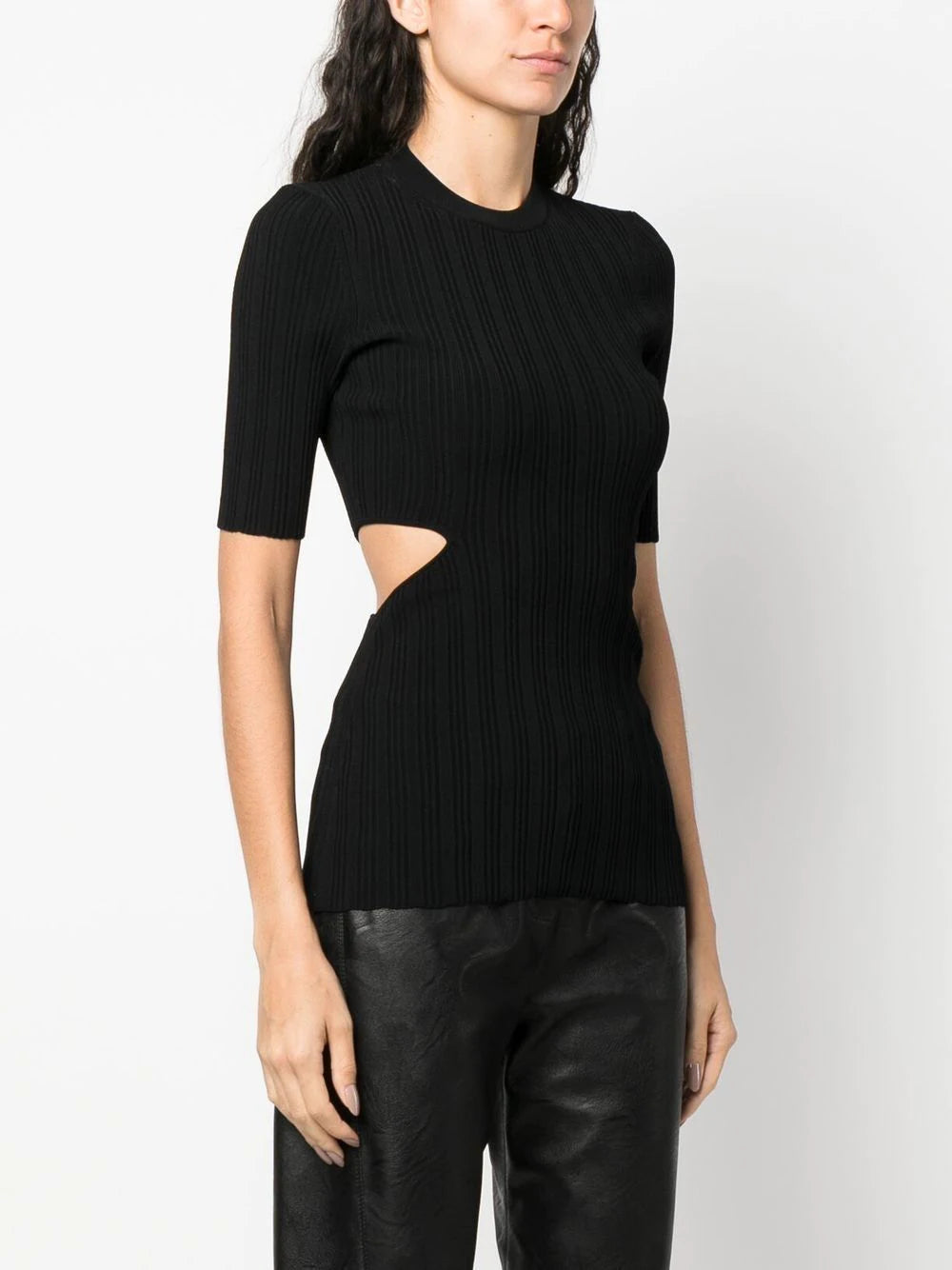 Ribbed-knit short-sleeved top, black