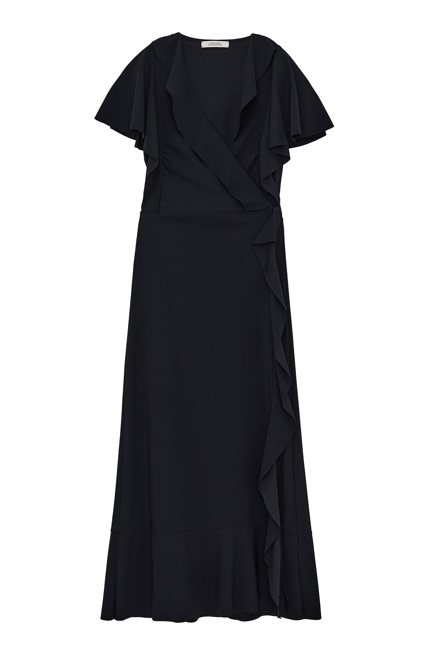 Flounce-sleeve wrap dress, black