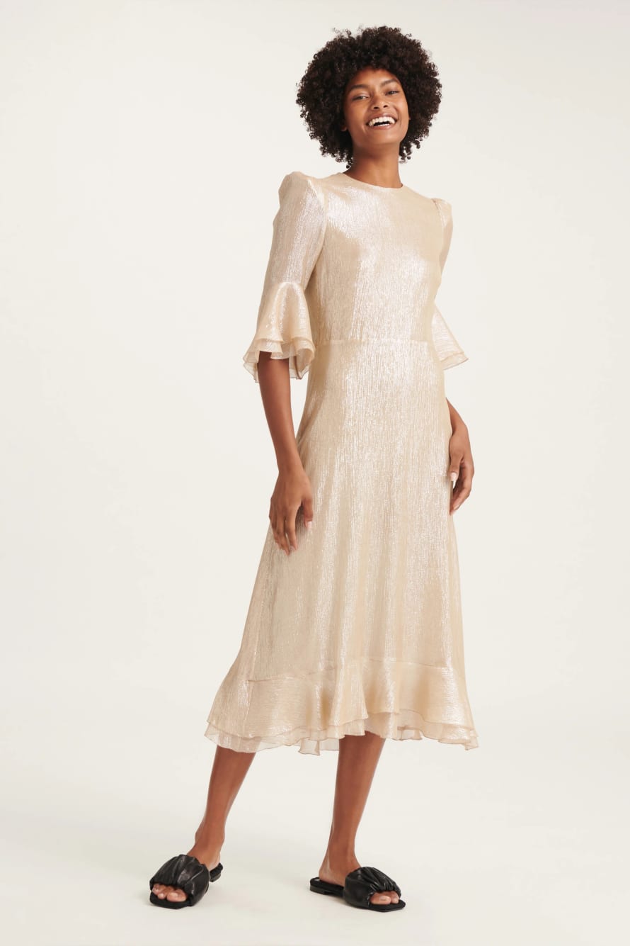 Metallic-thread finish dress, beige