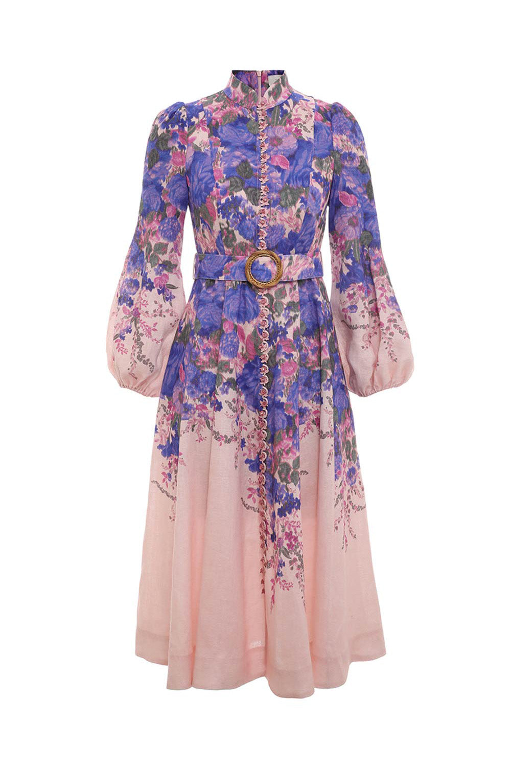 Graphic-printed belted dress, purple ikat floral