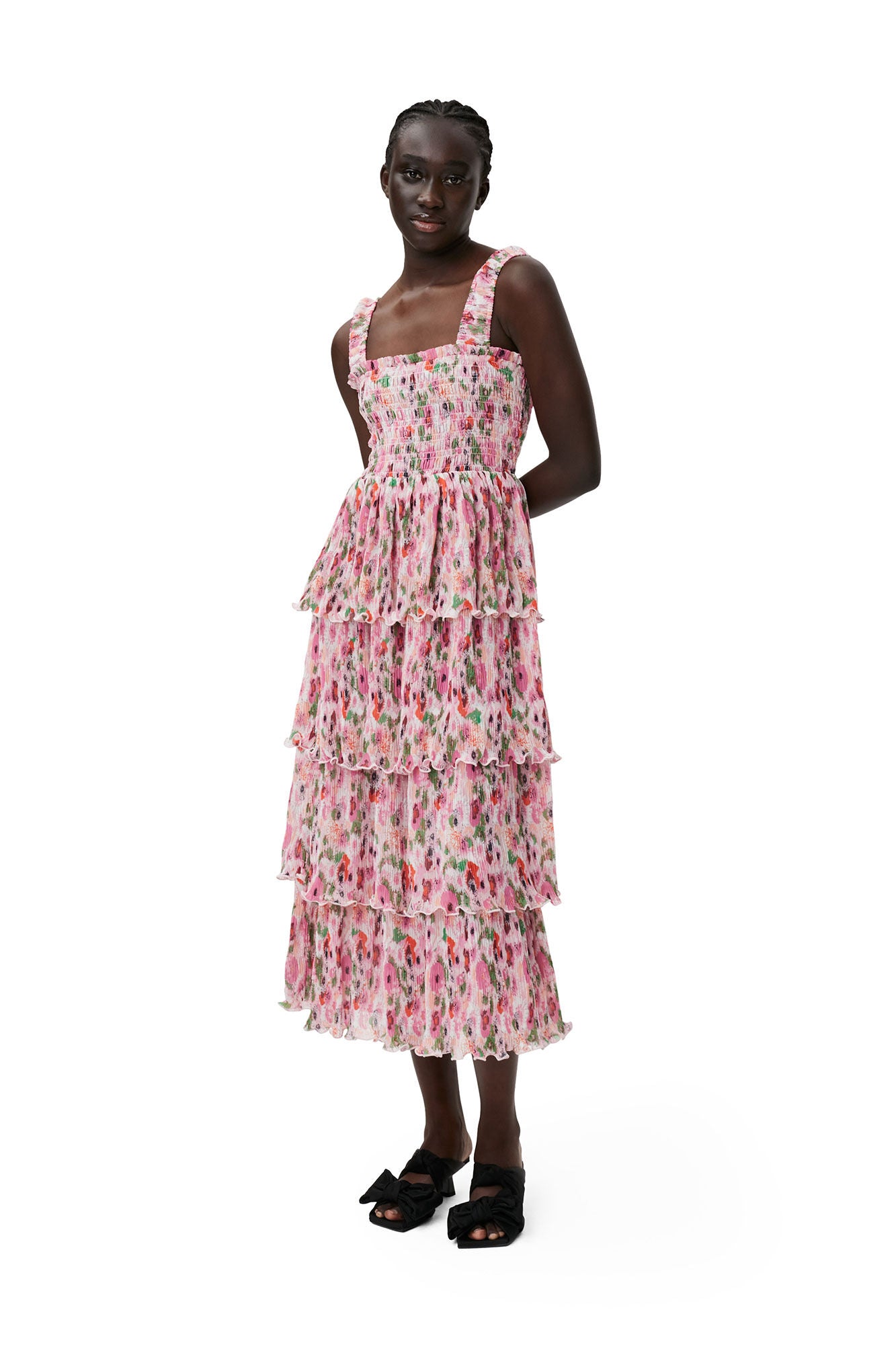 Pleated Georgette Smock Midi Dress