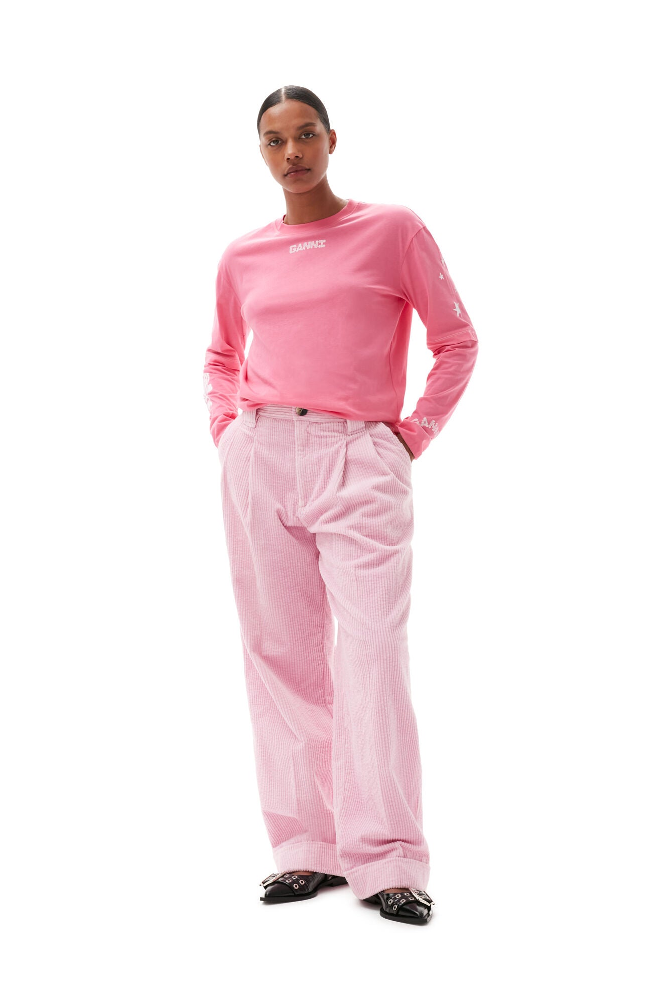 Corduroy Loose Fit Mid Waist Pleat Pants, pink