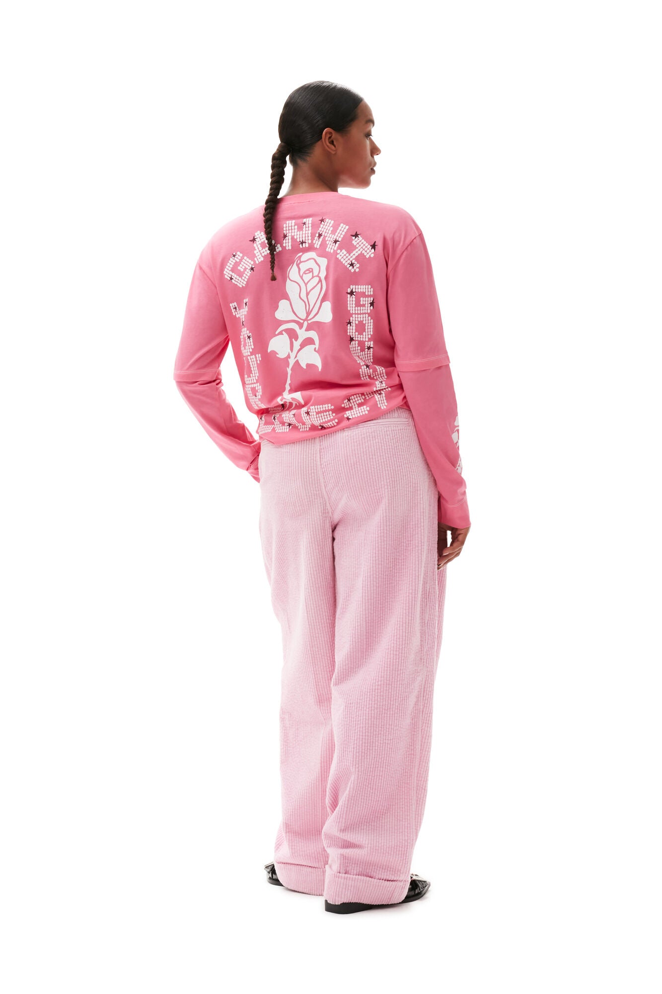 Corduroy Loose Fit Mid Waist Pleat Pants, pink