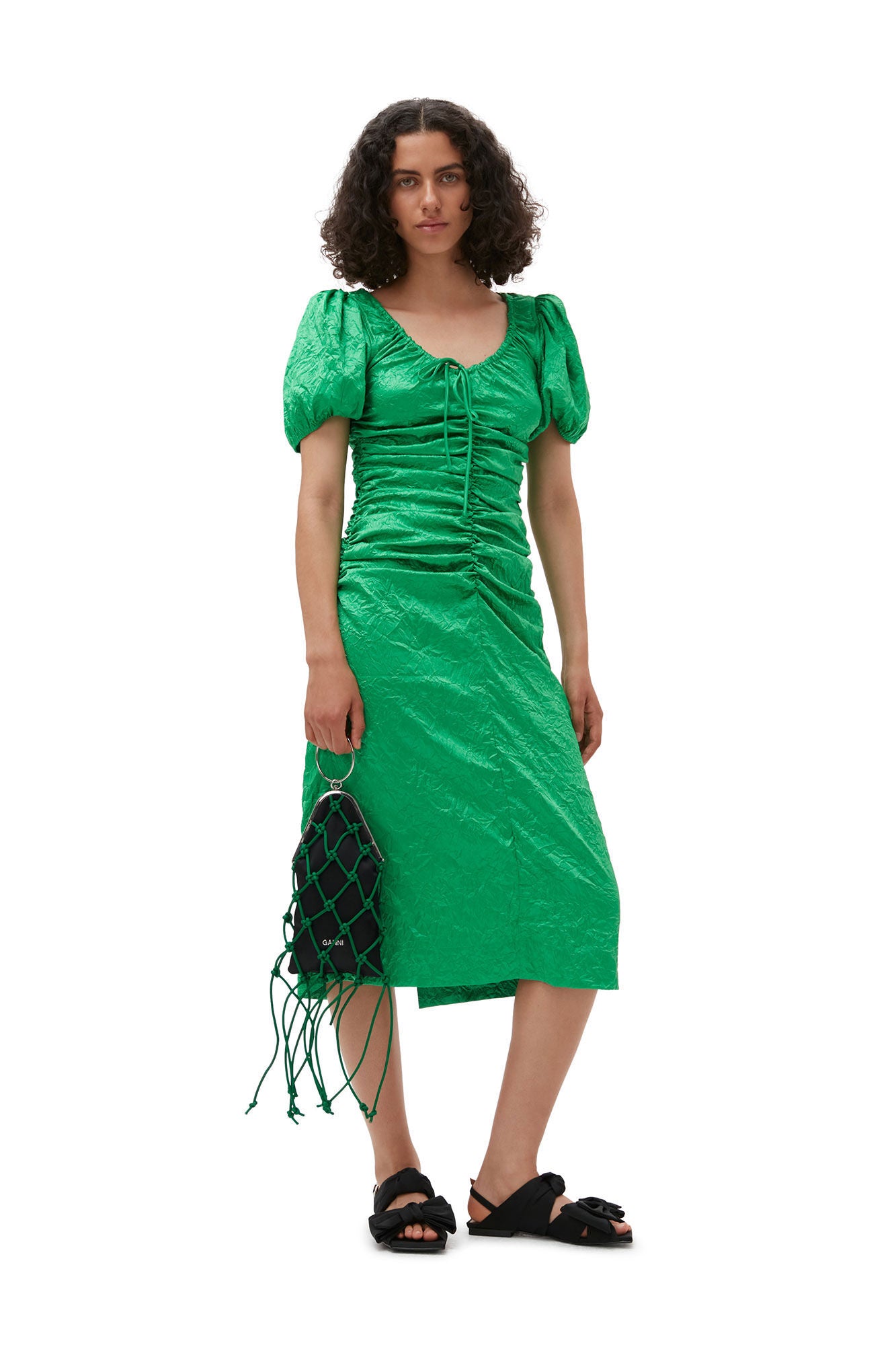 Green Crinkled Satin Midi Dress, green