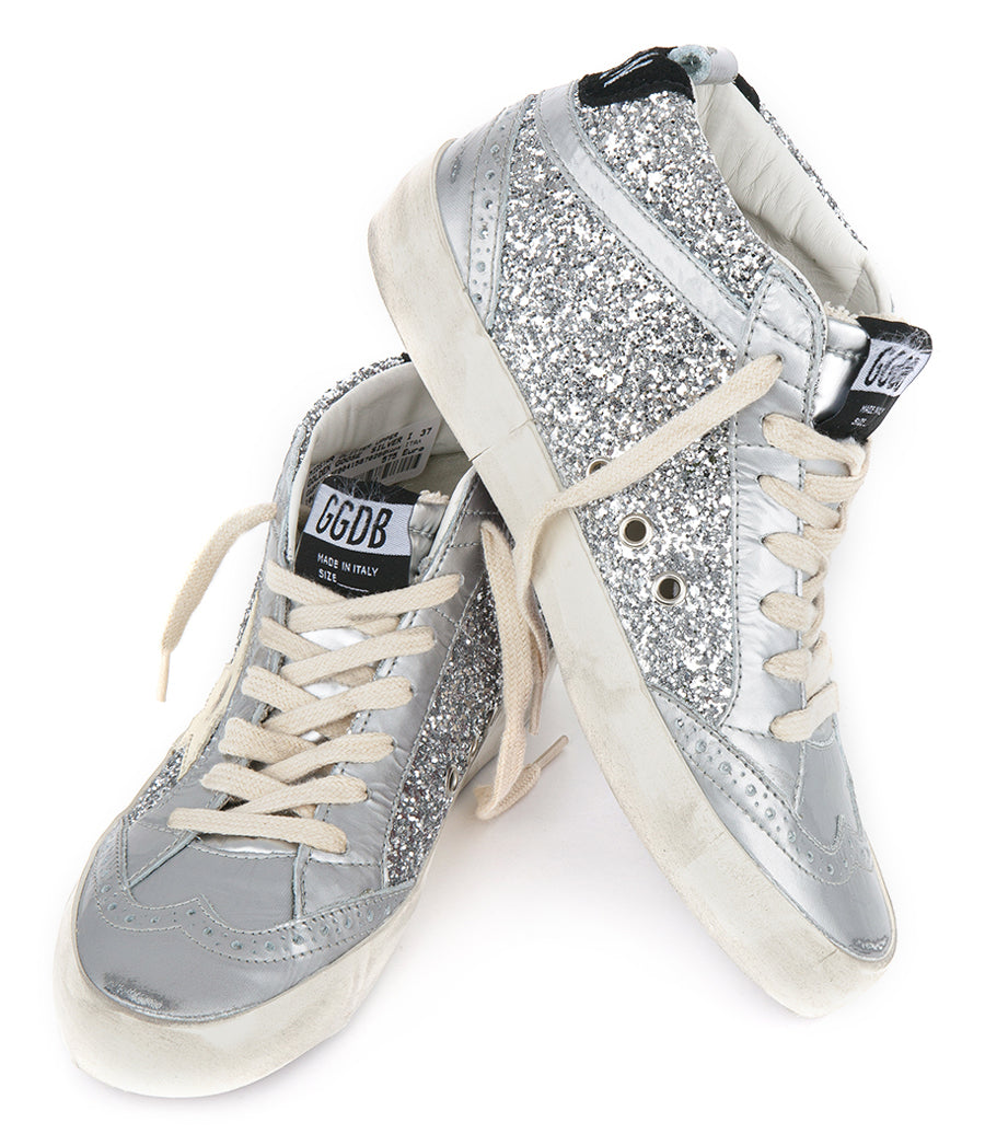 Mid Star Sneakers, silver glitter & laminated leather